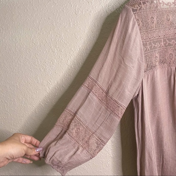 NWT Boho Mauve FLOWY 3/4 Sleeve Lace and linen Peasant Blouse Large Studio JPR - Picture 7 of 16